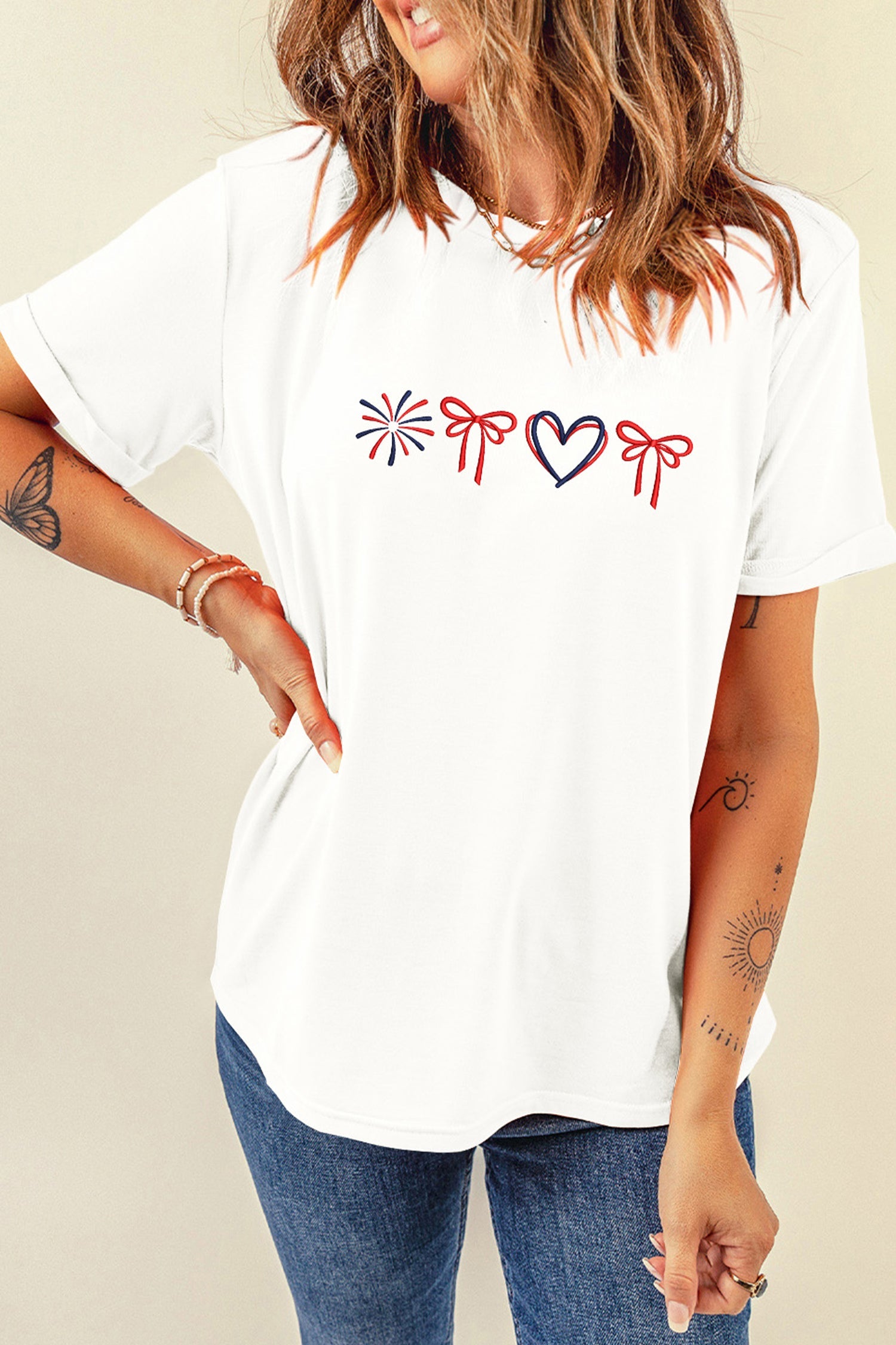 Love July 4th Firework Bow Embroidered T-Shirt – Patriotic Top