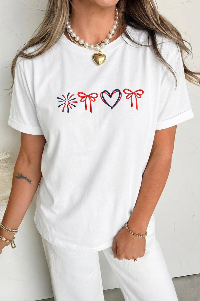 Love July 4th Firework Bow Embroidered T-Shirt – Patriotic Top