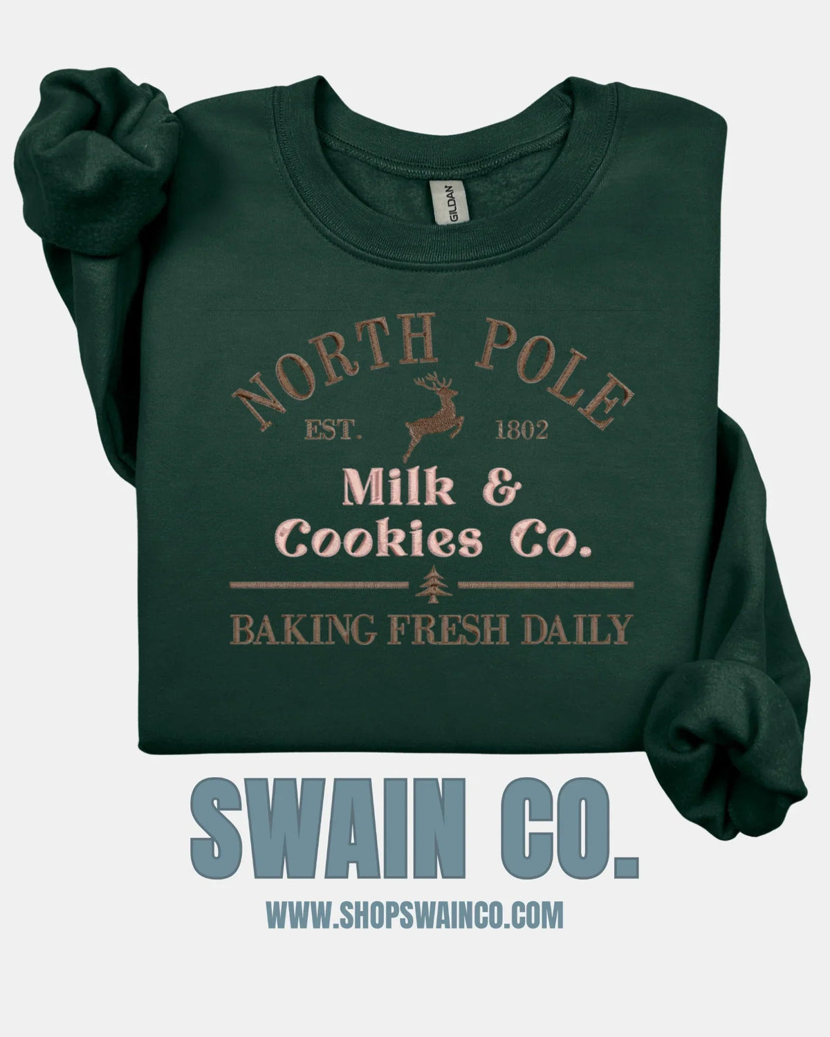 North Pole Milk & Cookies Embroidered Christmas Sweatshirt | Holiday Baking Crewneck | Fresh Baked Daily Embroidery | Cozy Christmas Gift for Her
