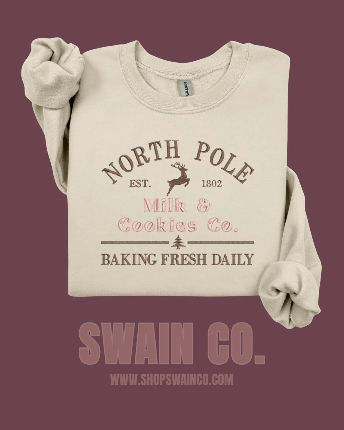 North Pole Milk & Cookies Embroidered Christmas Sweatshirt | Holiday Baking Crewneck | Fresh Baked Daily Embroidery | Cozy Christmas Gift for Her