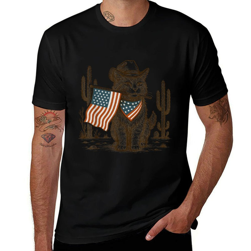 Western Country Patriotic Cowboy Cat Lover 4th of July Tee