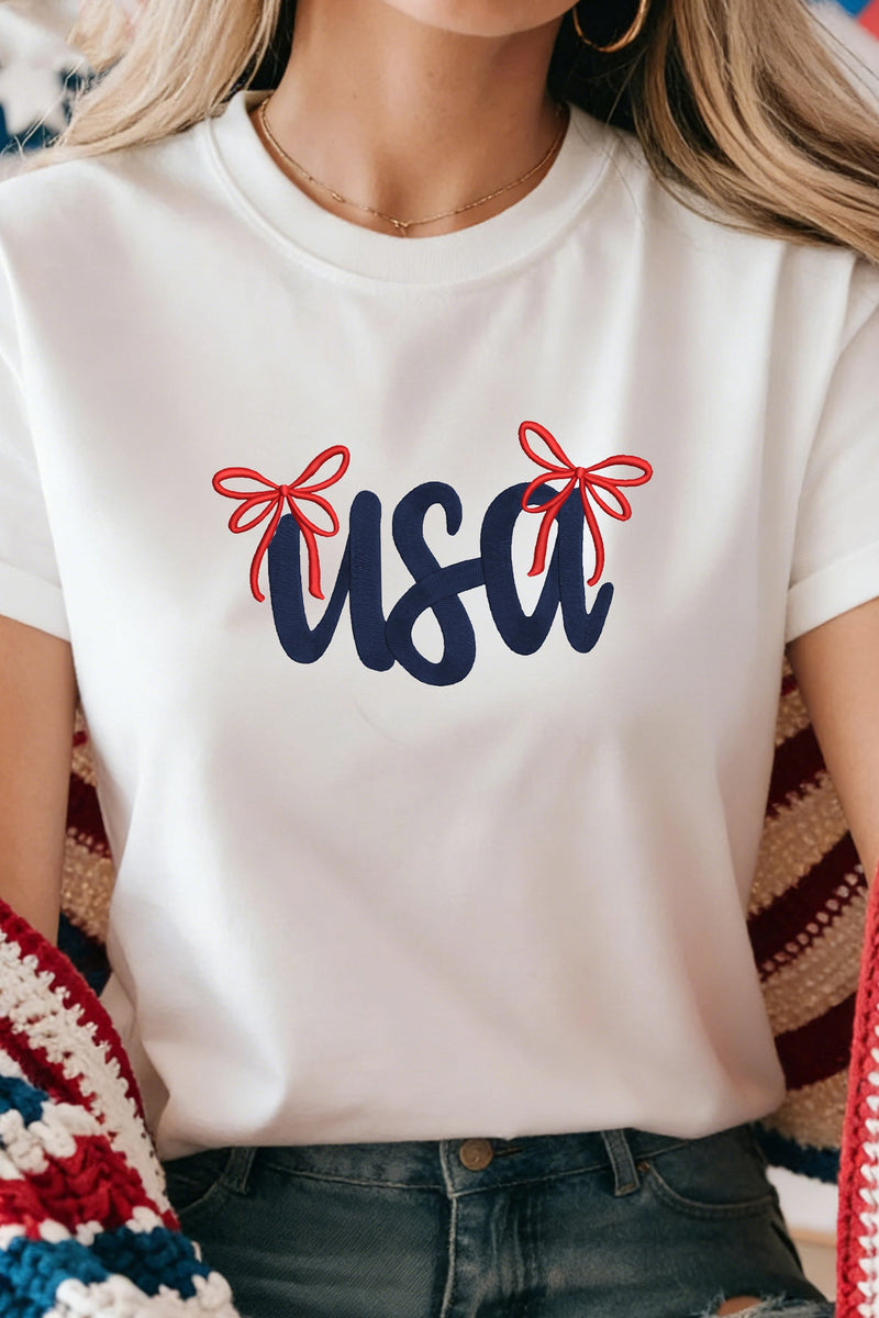 USA Lettering Bow Embroidered T-Shirt – 4th of July Graphic Top