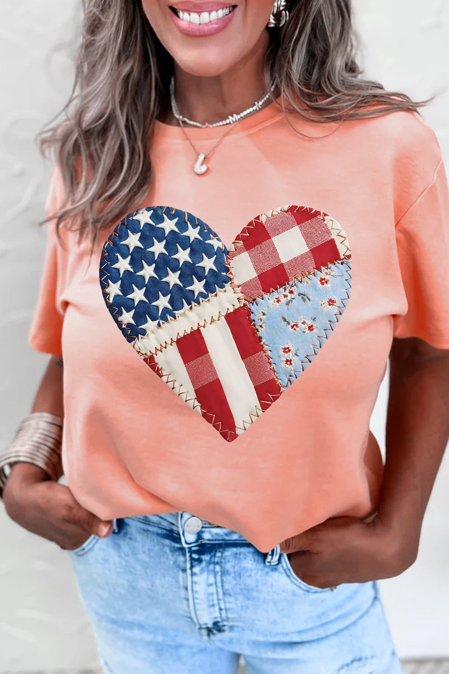 Pink Patriotic Heart DTG Faux Patchwork Printed Tee – Stretch