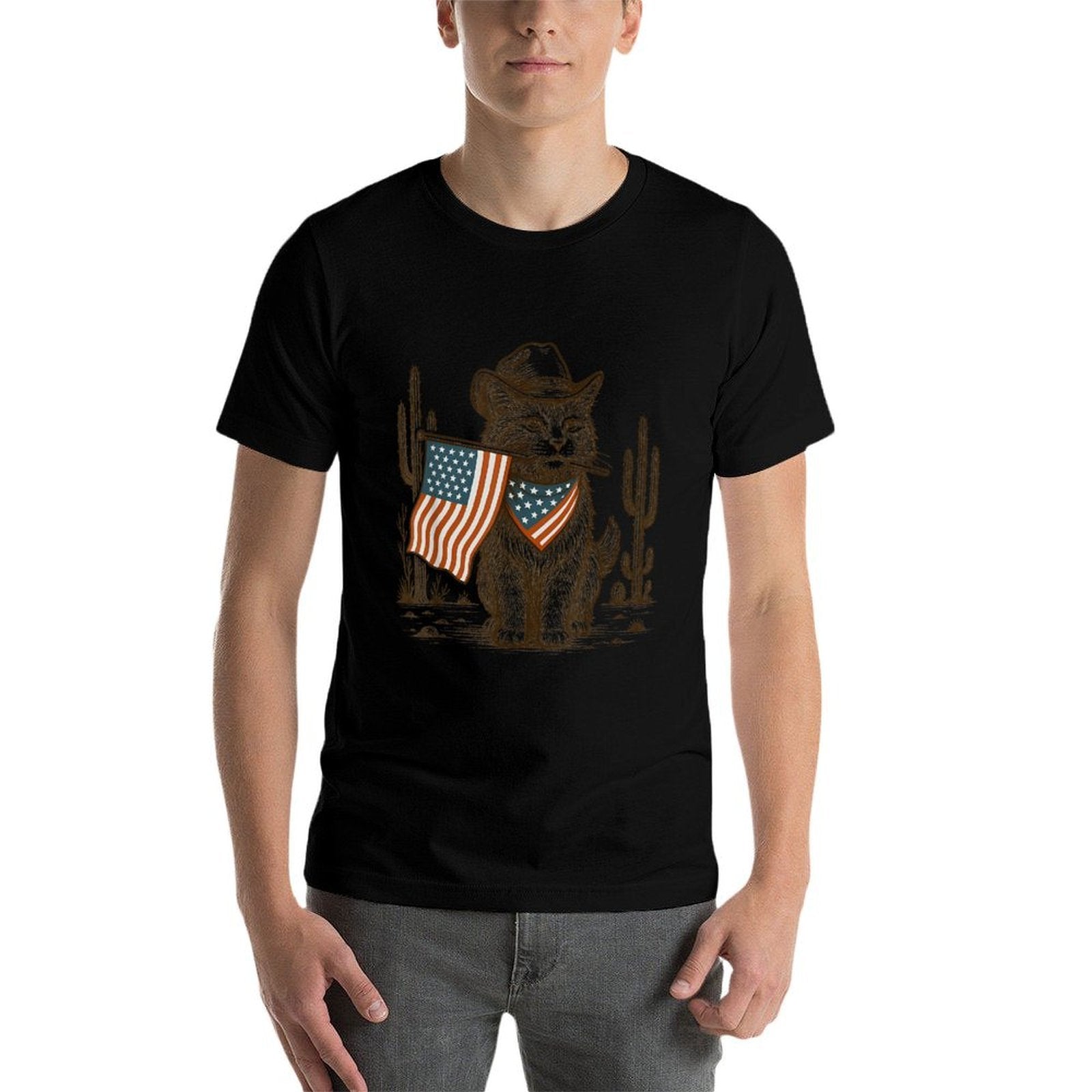 Western Country Patriotic Cowboy Cat Lover 4th of July Tee