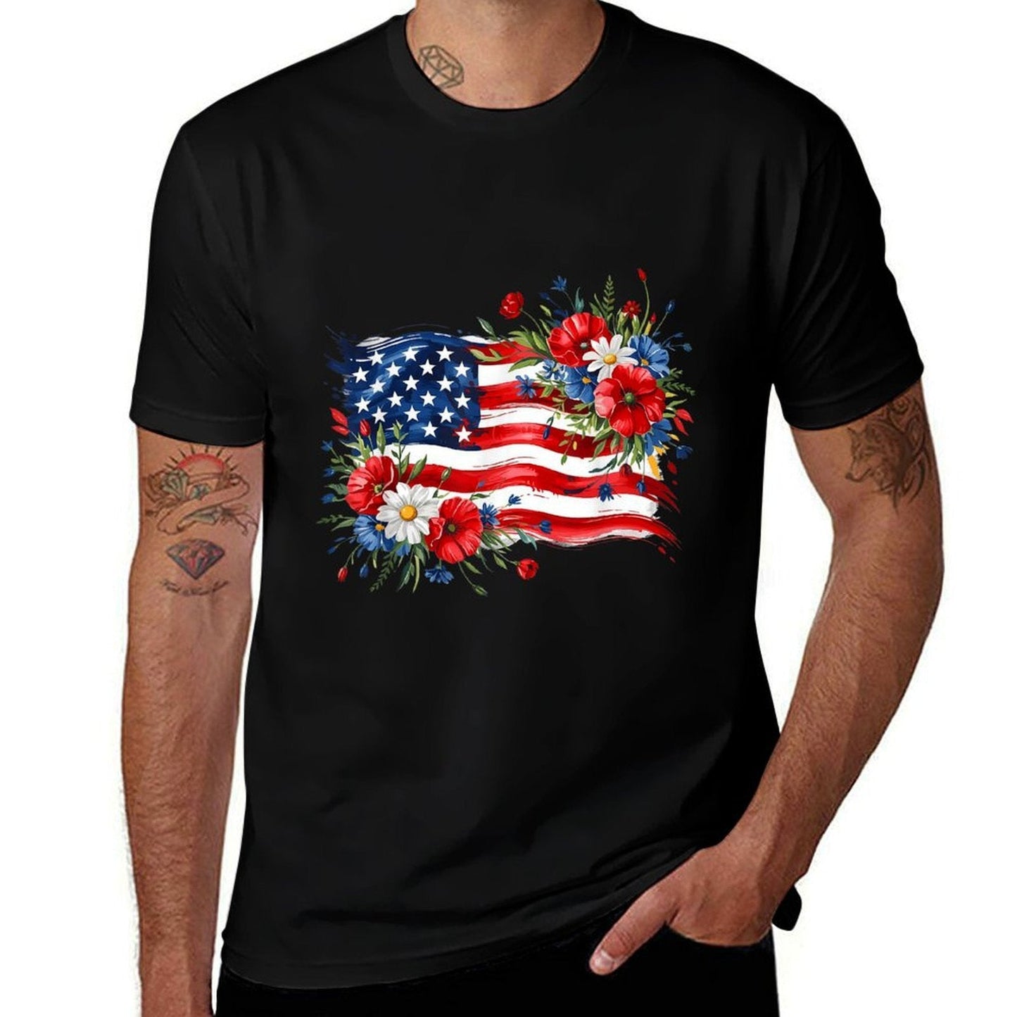 Floral American Daisy 4th of July Women's Patriotic Quick-Dry Tee