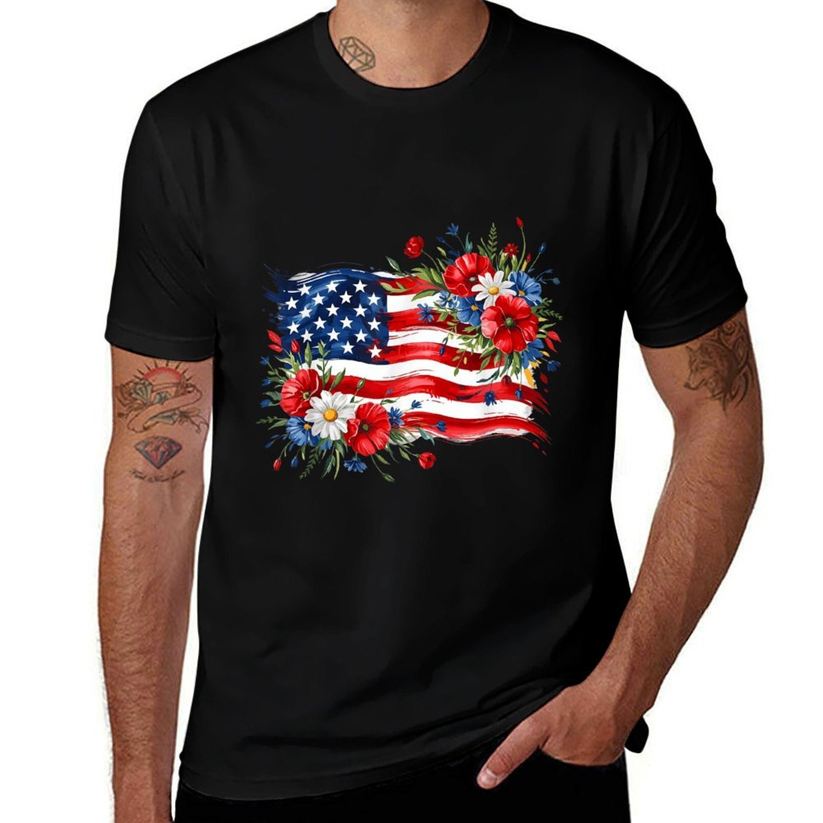 Floral American Daisy 4th of July Women's Patriotic Quick-Dry Tee