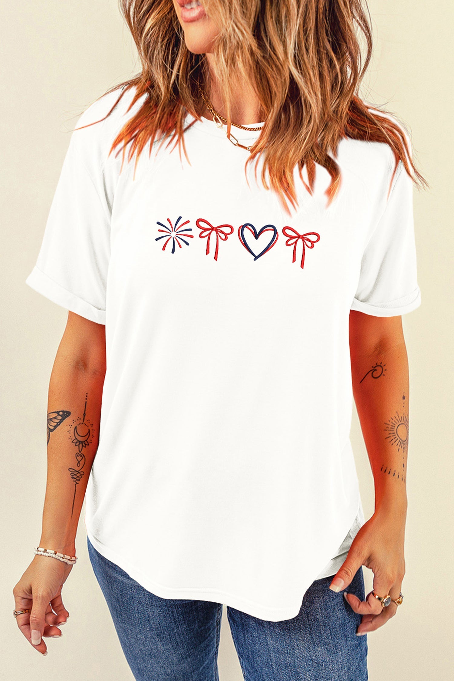 Love July 4th Firework Bow Embroidered T-Shirt – Patriotic Top
