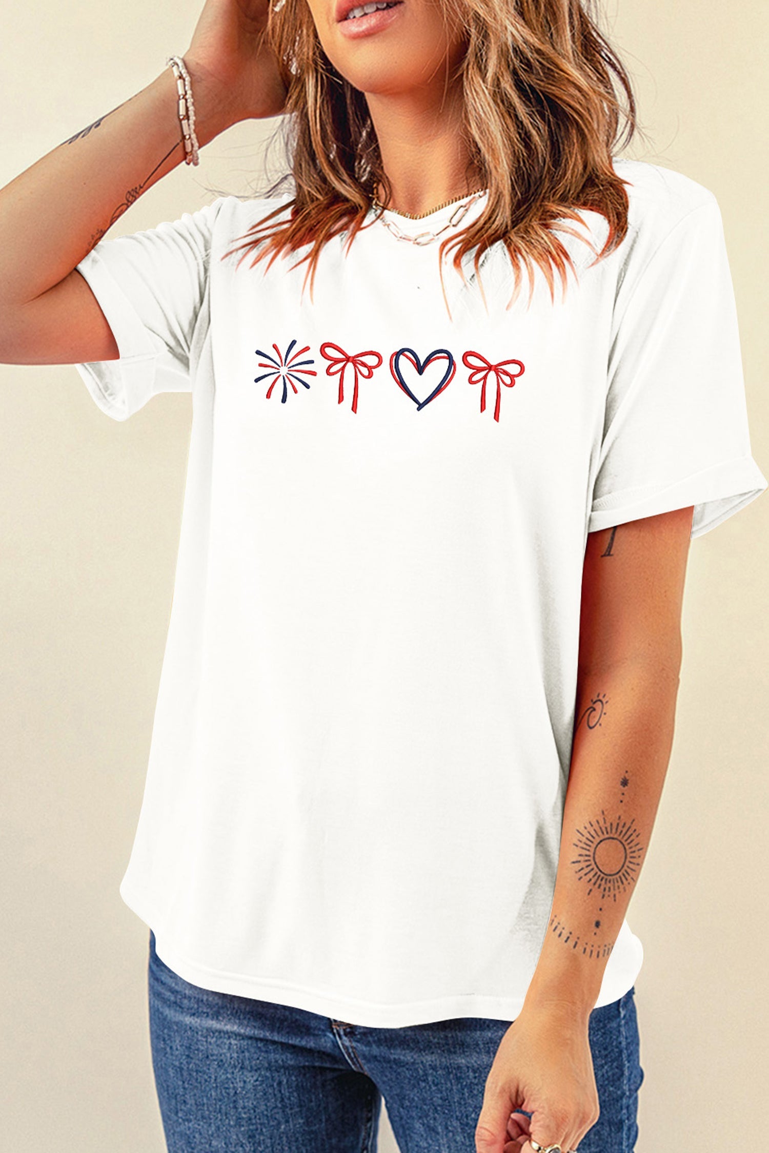 Love July 4th Firework Bow Embroidered T-Shirt – Patriotic Top