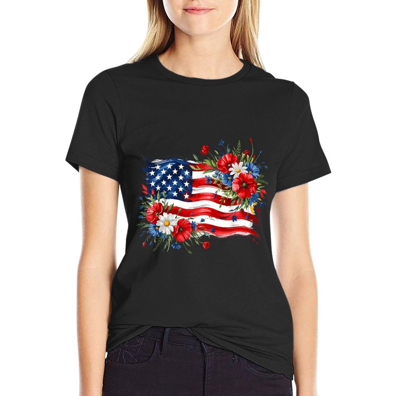 Floral American Daisy 4th of July Women's Patriotic Quick-Dry Tee