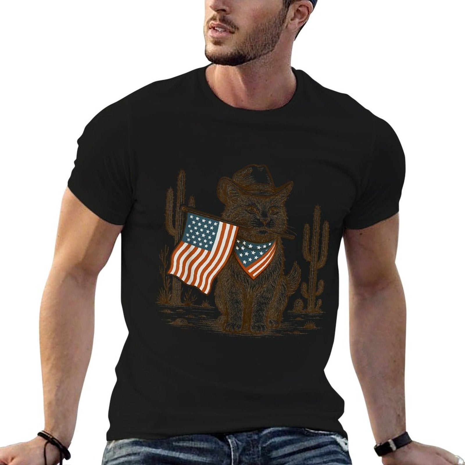 Western Country Patriotic Cowboy Cat Lover 4th of July Tee