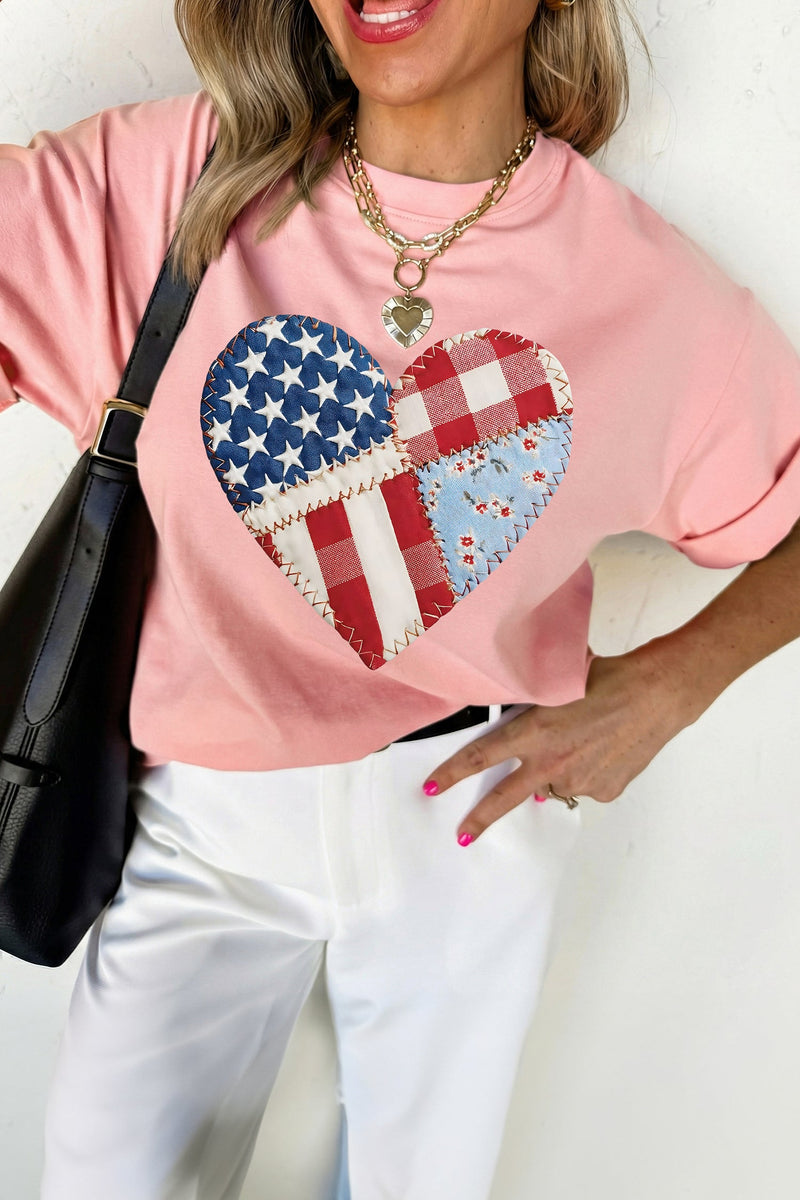 Pink Patriotic Heart DTG Faux Patchwork Printed Tee – Stretch
