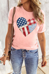 Pink Patriotic Heart DTG Faux Patchwork Printed Tee – Stretch