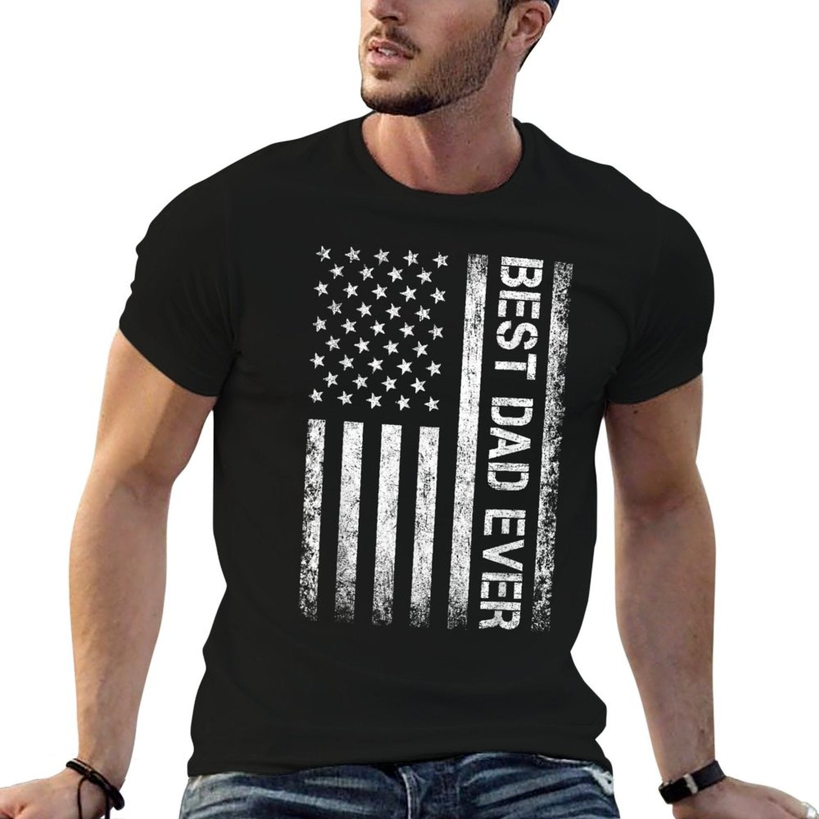 Best Dad Ever American Flag Father's Day Ribbed Collar T-Shirt