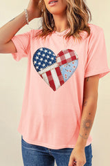 Pink Patriotic Heart DTG Faux Patchwork Printed Tee – Stretch