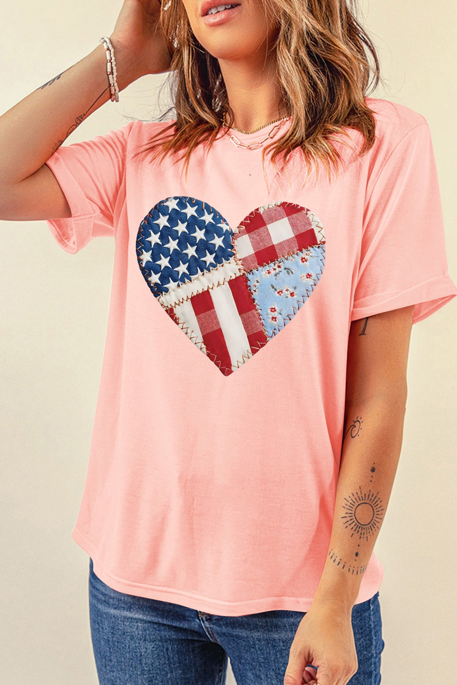 Pink Patriotic Heart DTG Faux Patchwork Printed Tee – Stretch