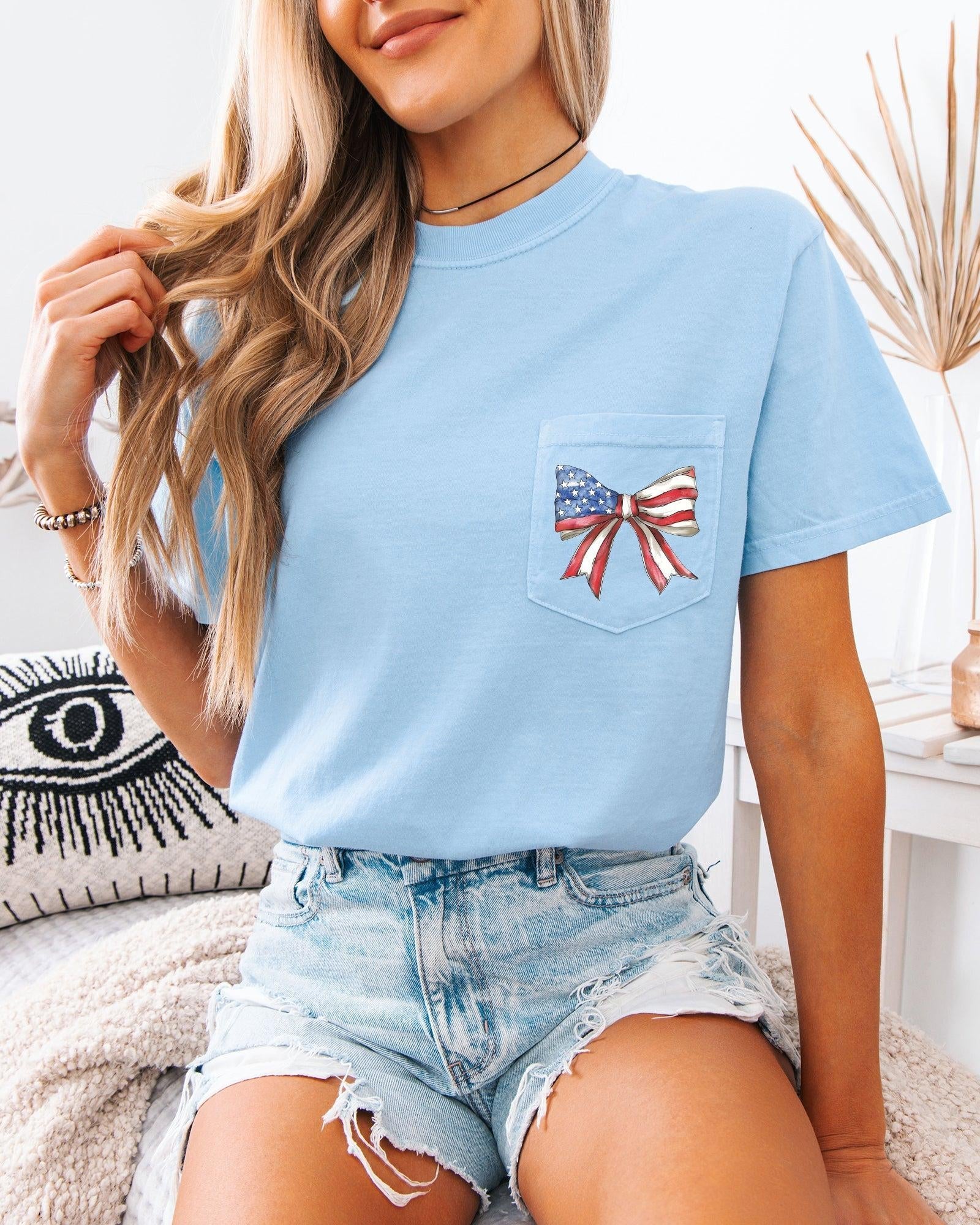 American Flag USA Ribbon Comfort Colors Pocket Tee – Patriotic