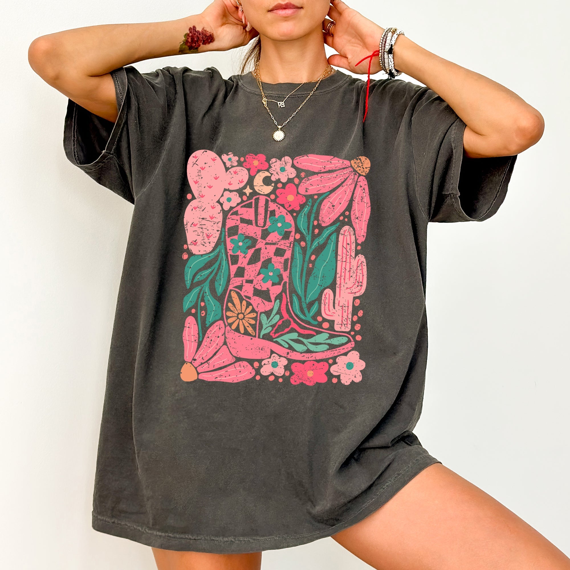 Boho Floral Cowboy Boots Comfort Colors Tee – Western Summer