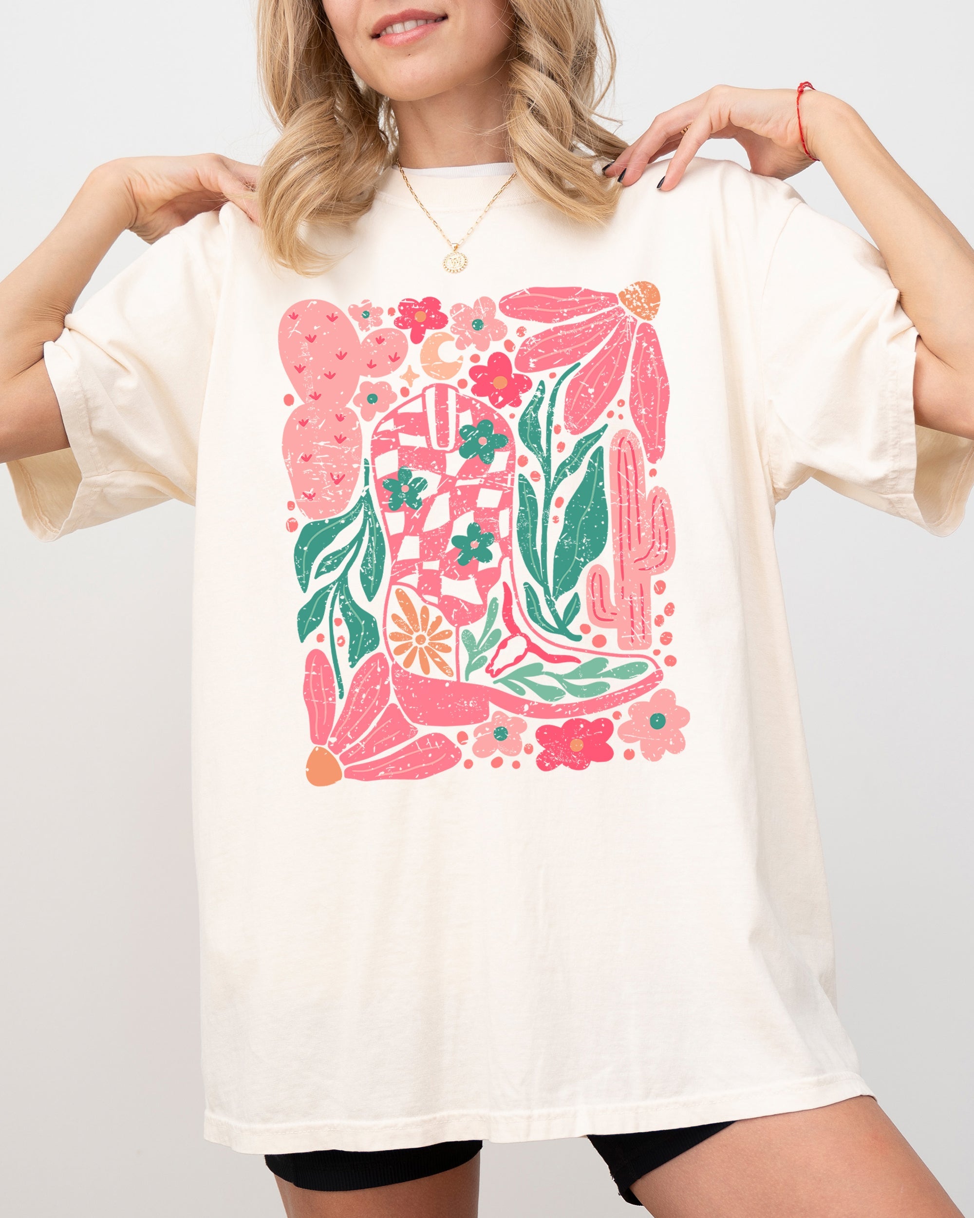 Boho Floral Cowboy Boots Comfort Colors Tee – Western Summer