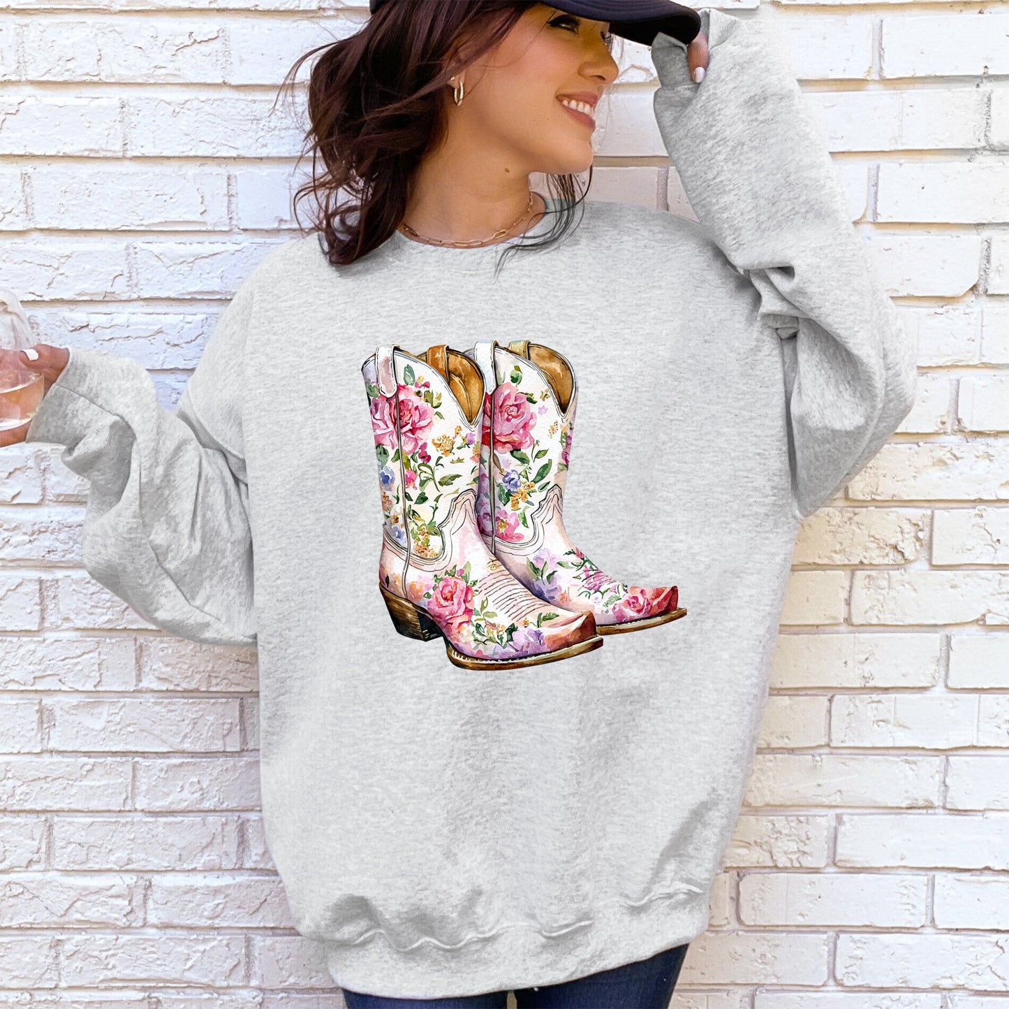 Cowgirl Boots Pink Floral Western Sweatshirt – Country