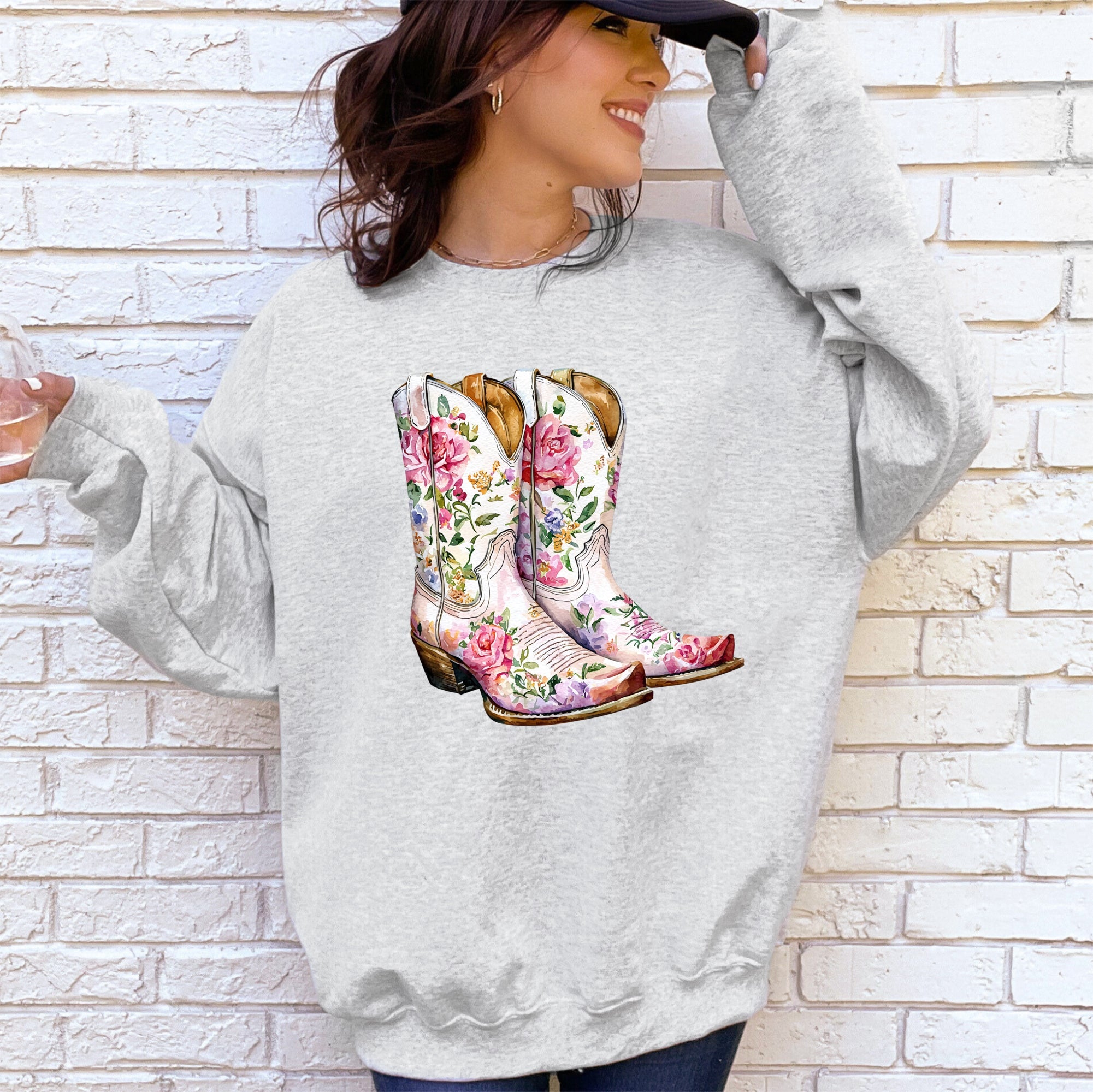 Cowgirl Boots Pink Floral Western Sweatshirt – Country