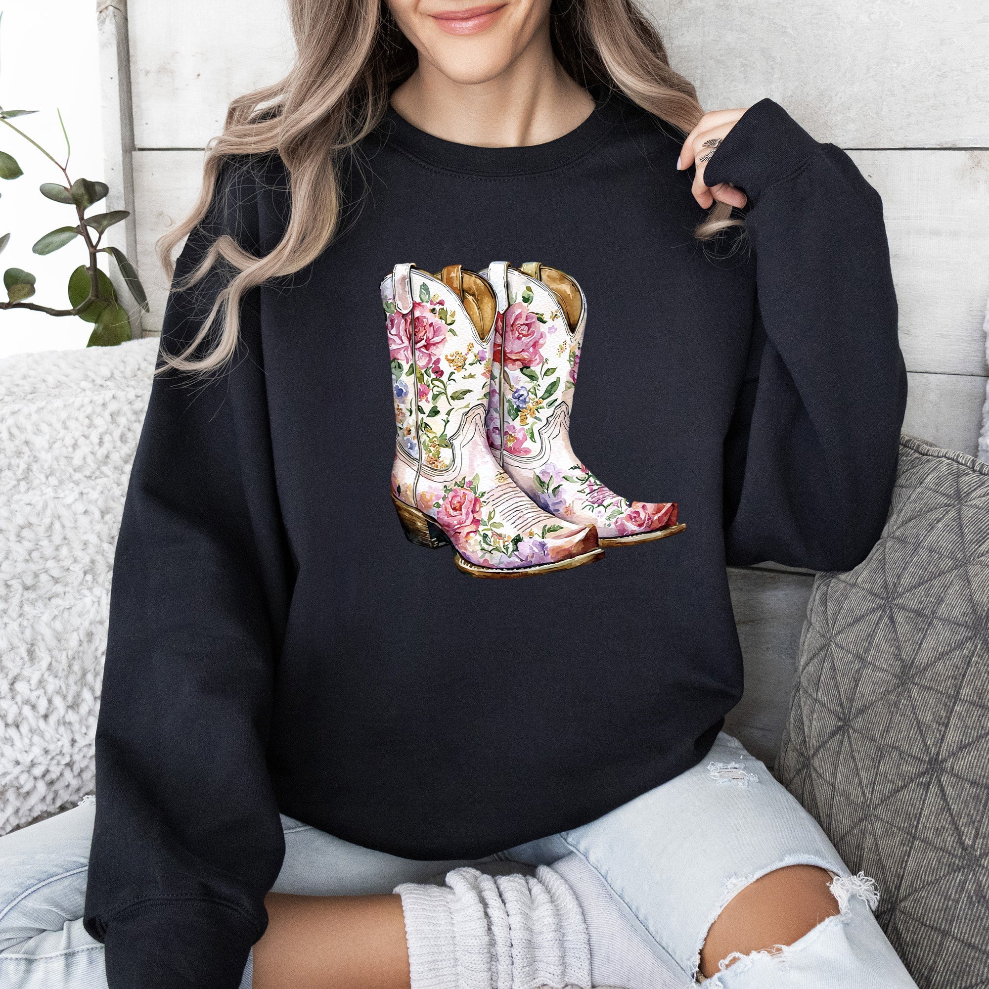 Cowgirl Boots Pink Floral Western Sweatshirt – Country