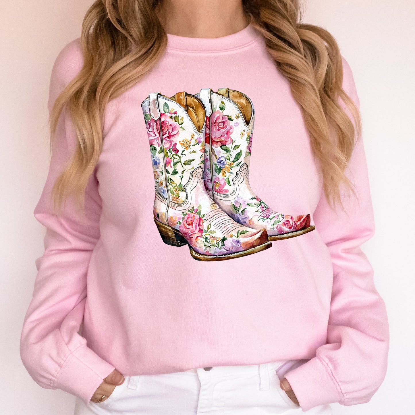 Cowgirl Boots Pink Floral Western Sweatshirt – Country