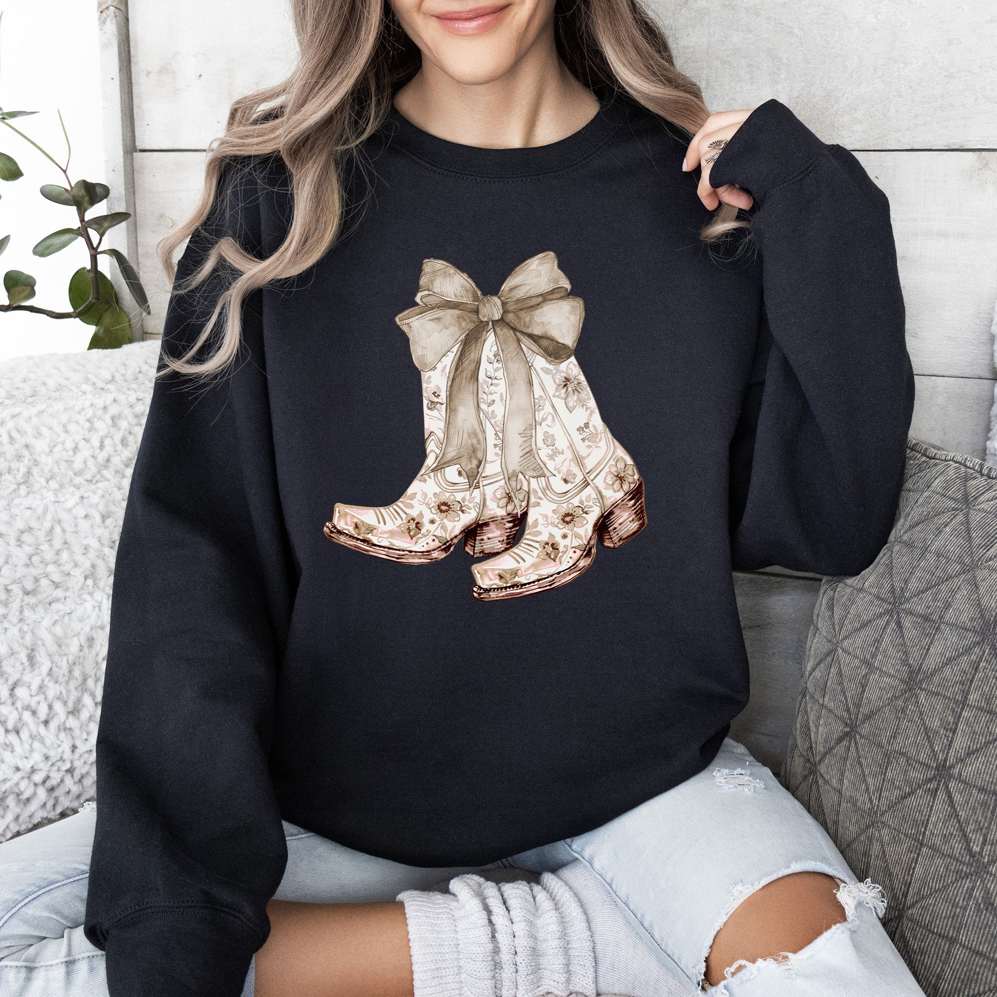Cowgirl Boots Floral Ribbon Western Sweatshirt – Country