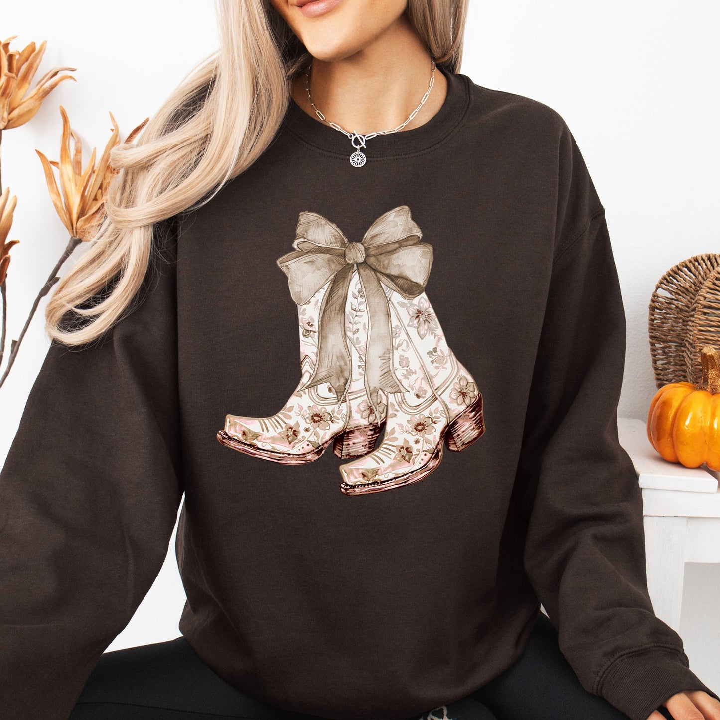 Cowgirl Boots Floral Ribbon Western Sweatshirt – Country