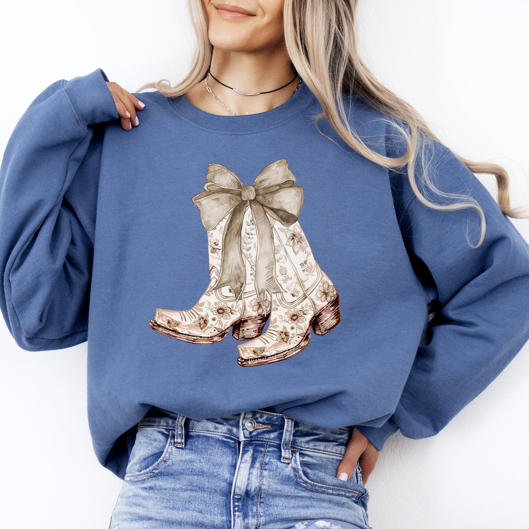 Cowgirl Boots Floral Ribbon Western Sweatshirt – Country