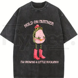 Hold On Partner I'm Growing A Little Buckaroo Vintage Washed T-Shirt – Retro Cowboy Frog Graphic Tee