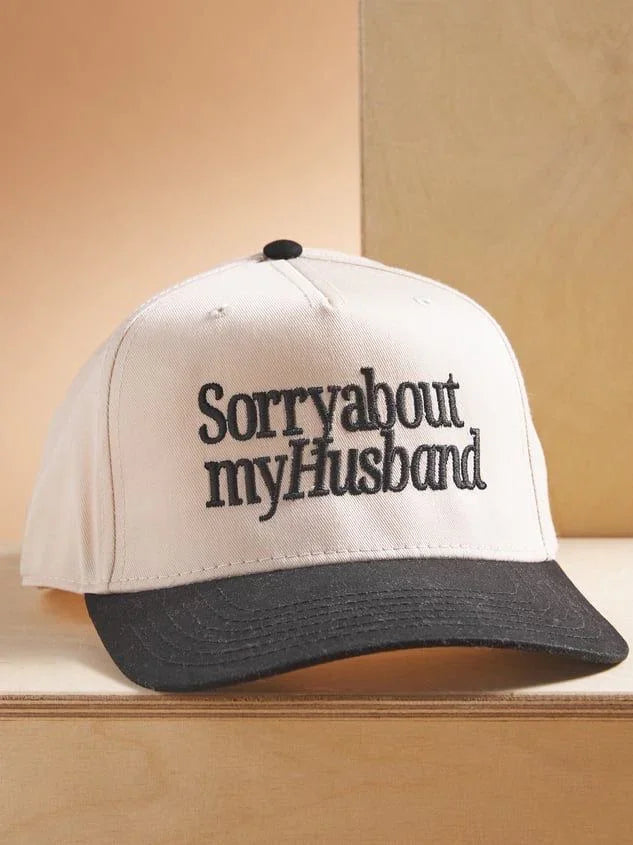 Sorry About My Husband Hat – Funny Vintage Trucker Hat for Women, Two-Tone Distressed Hat, Sarcastic Wife Gift, Country Mom Hat, Sassy Trucker Cap