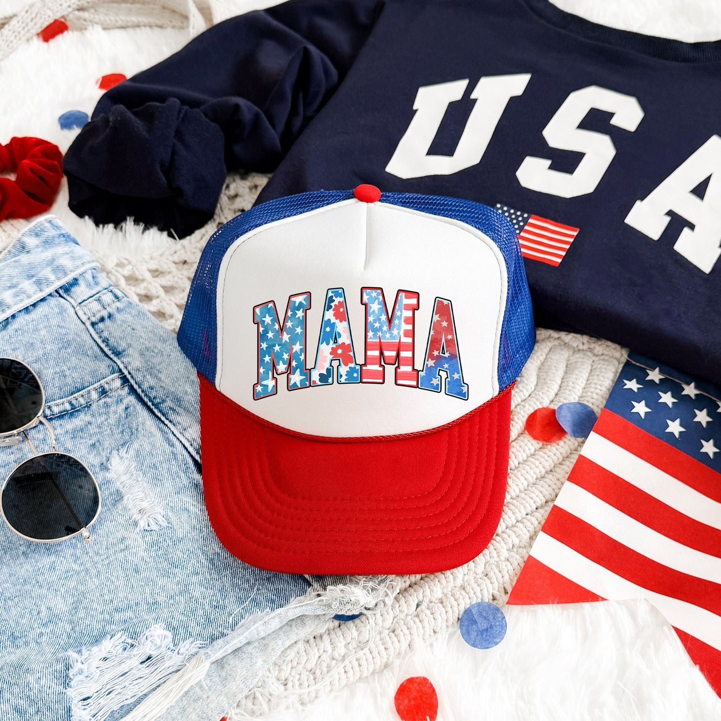 Mama Patriotic Pattern Snapback Trucker Hat – USA Cap