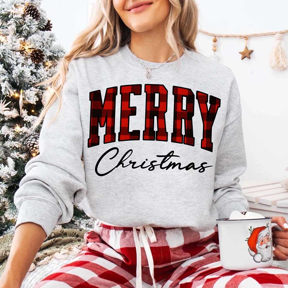 Merry Christmas Sweatshirt - Buffalo Plaid Crewneck