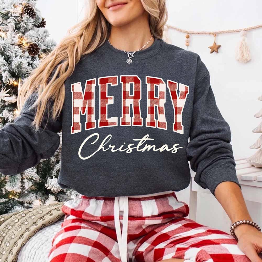Merry Christmas Sweatshirt - Buffalo Plaid Crewneck