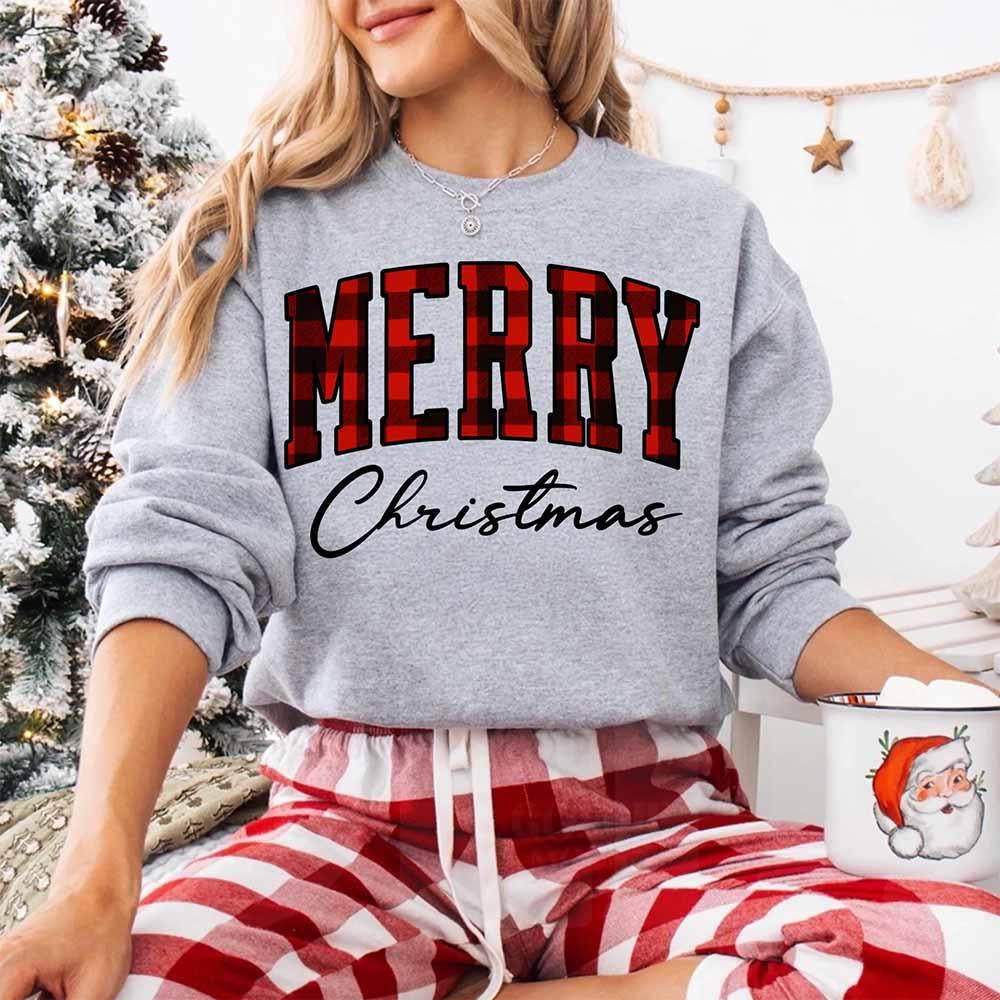 Merry Christmas Sweatshirt - Buffalo Plaid Crewneck
