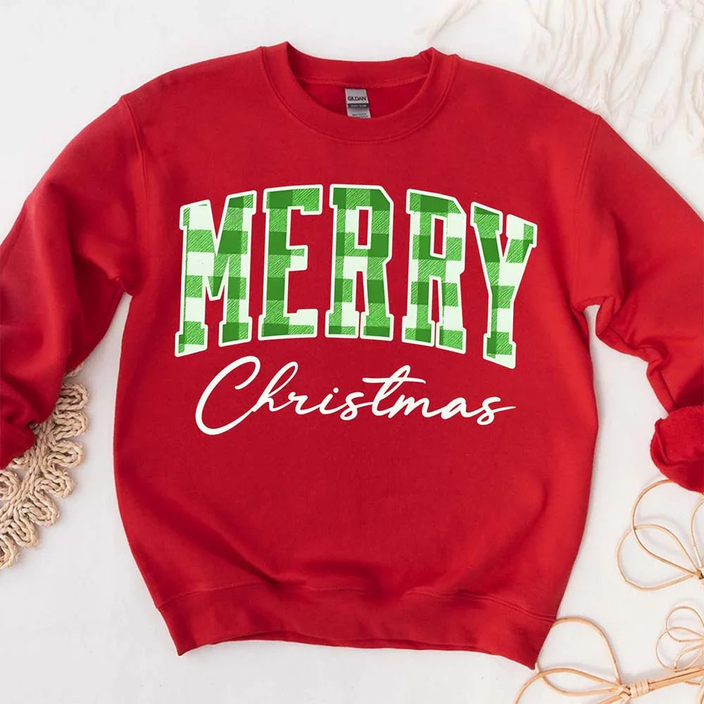 Merry Christmas Sweatshirt - Buffalo Plaid Crewneck