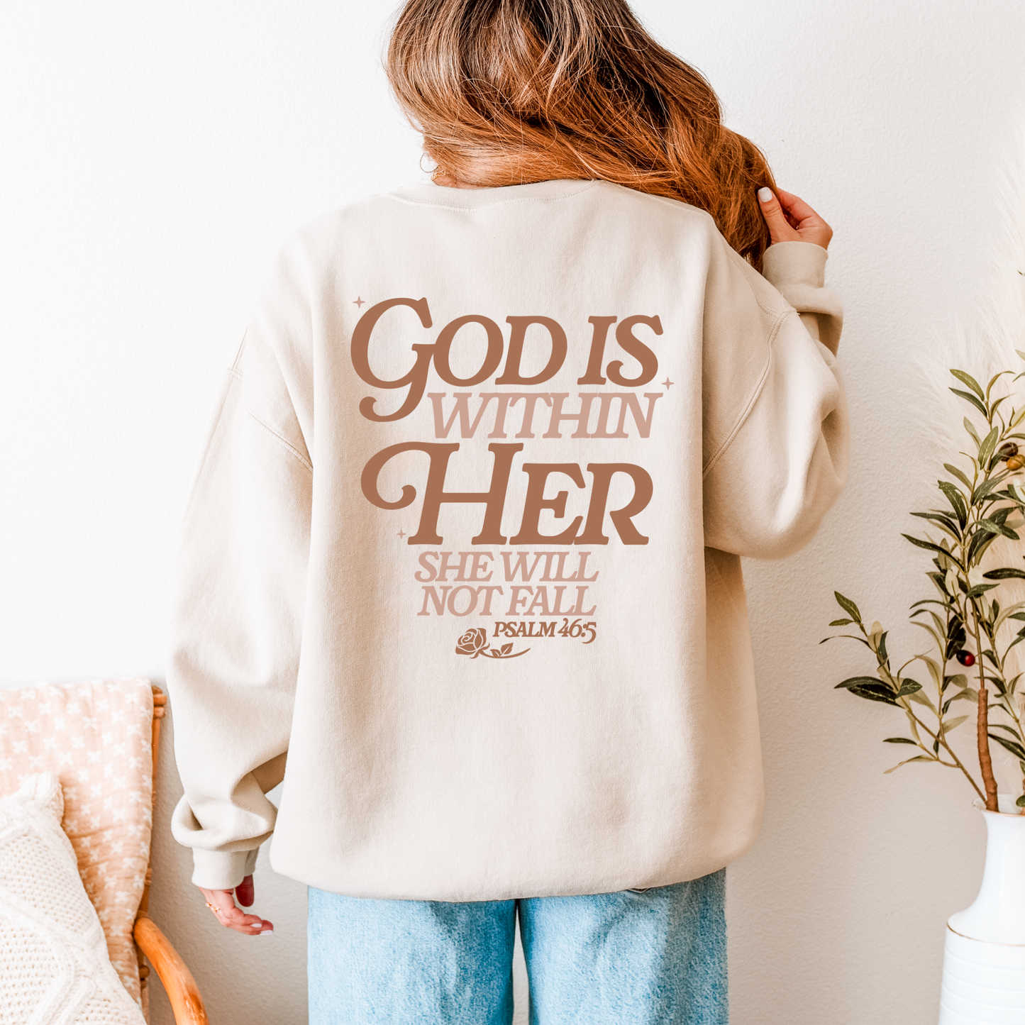 God Is Within Her Crewneck Sweatshirt – Psalm 46:5 Faith Tee