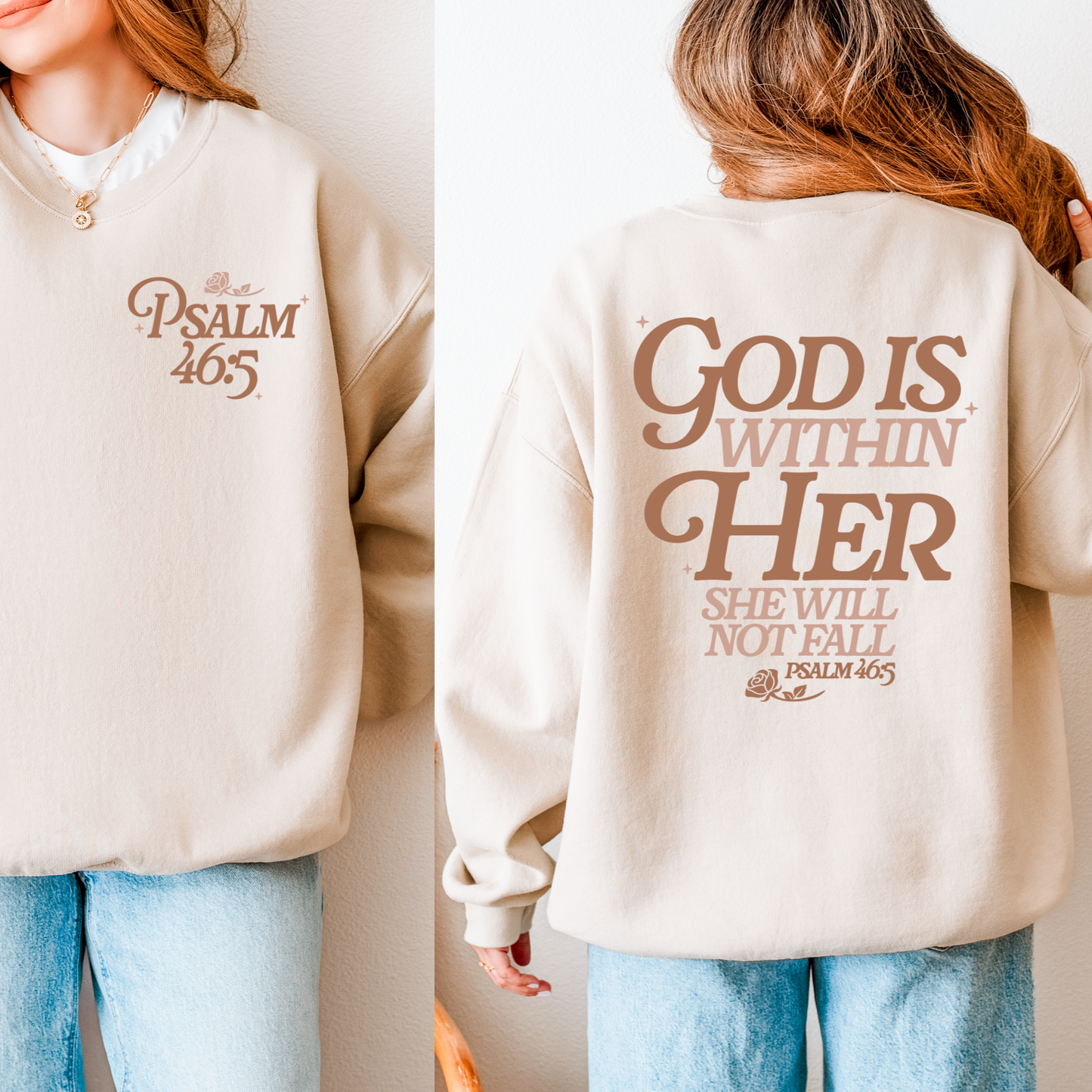 God Is Within Her Crewneck Sweatshirt – Psalm 46:5 Faith Tee