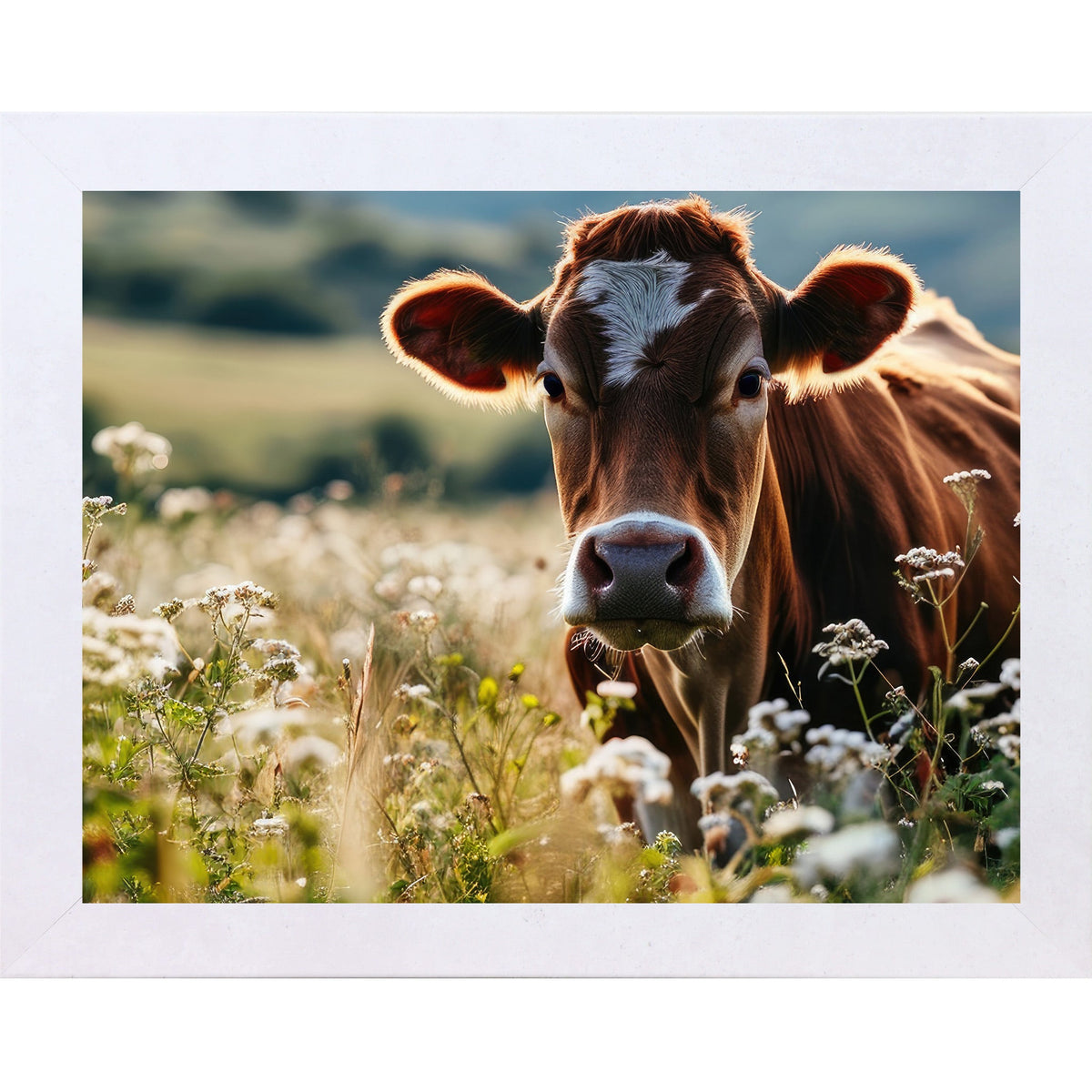 Jersey Cow Wildflower Field Wall Art – Farmhouse Cattle Scenic Landscape Decor (SB238)