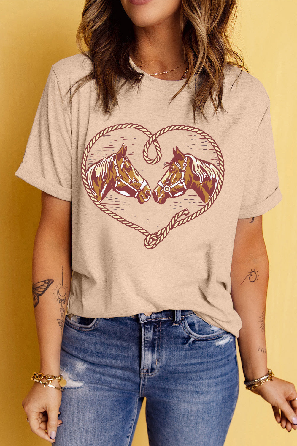 Khaki Rodeo Horse Graphic Western Cowgirl Fashion T Shirt
