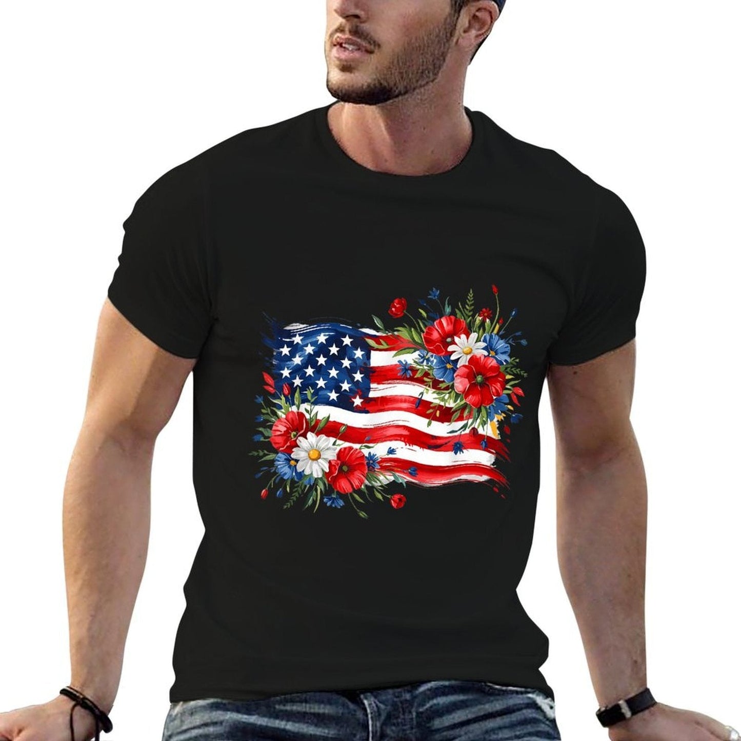 Floral American Daisy 4th of July Women's Patriotic Quick-Dry Tee