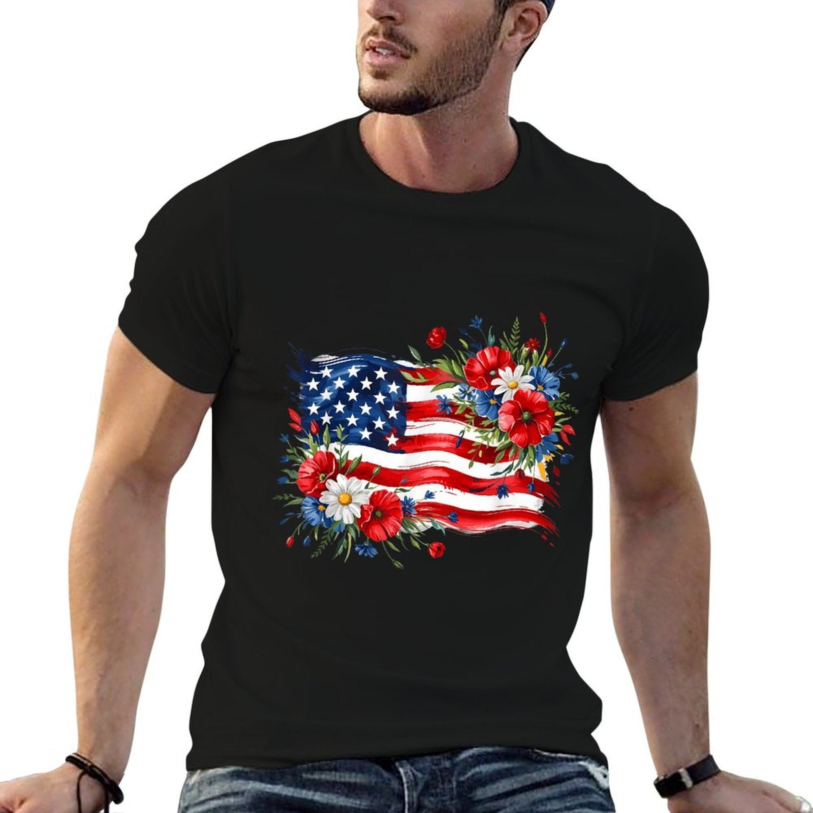 Floral American Daisy 4th of July Women's Patriotic Quick-Dry Tee