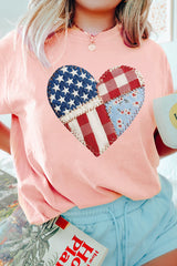 Pink Patriotic Heart DTG Faux Patchwork Printed Tee – Stretch