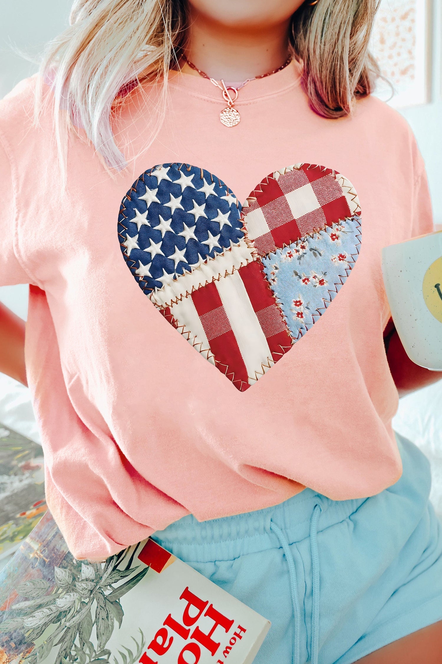 Pink Patriotic Heart DTG Faux Patchwork Printed Tee – Stretch
