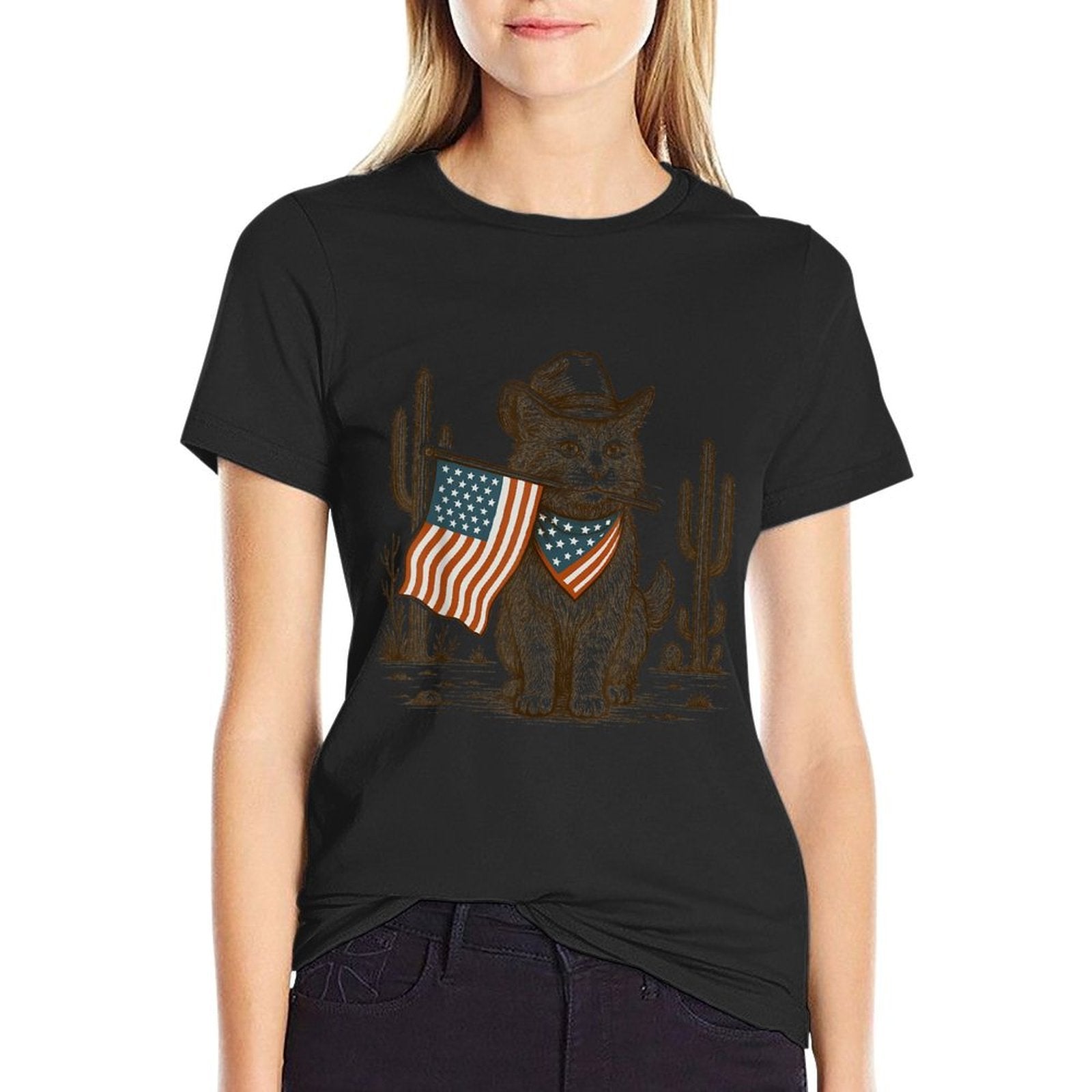 Western Country Patriotic Cowboy Cat Lover 4th of July Tee