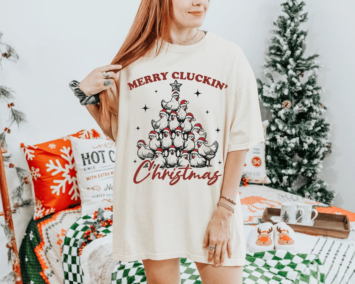 Merry Cluckin’ Christmas Chicken Shirt | Funny Farmhouse Holiday Tee | Chicken Lover Gift | Gildan Softstyle Unisex Tee | Country Christmas Shirt