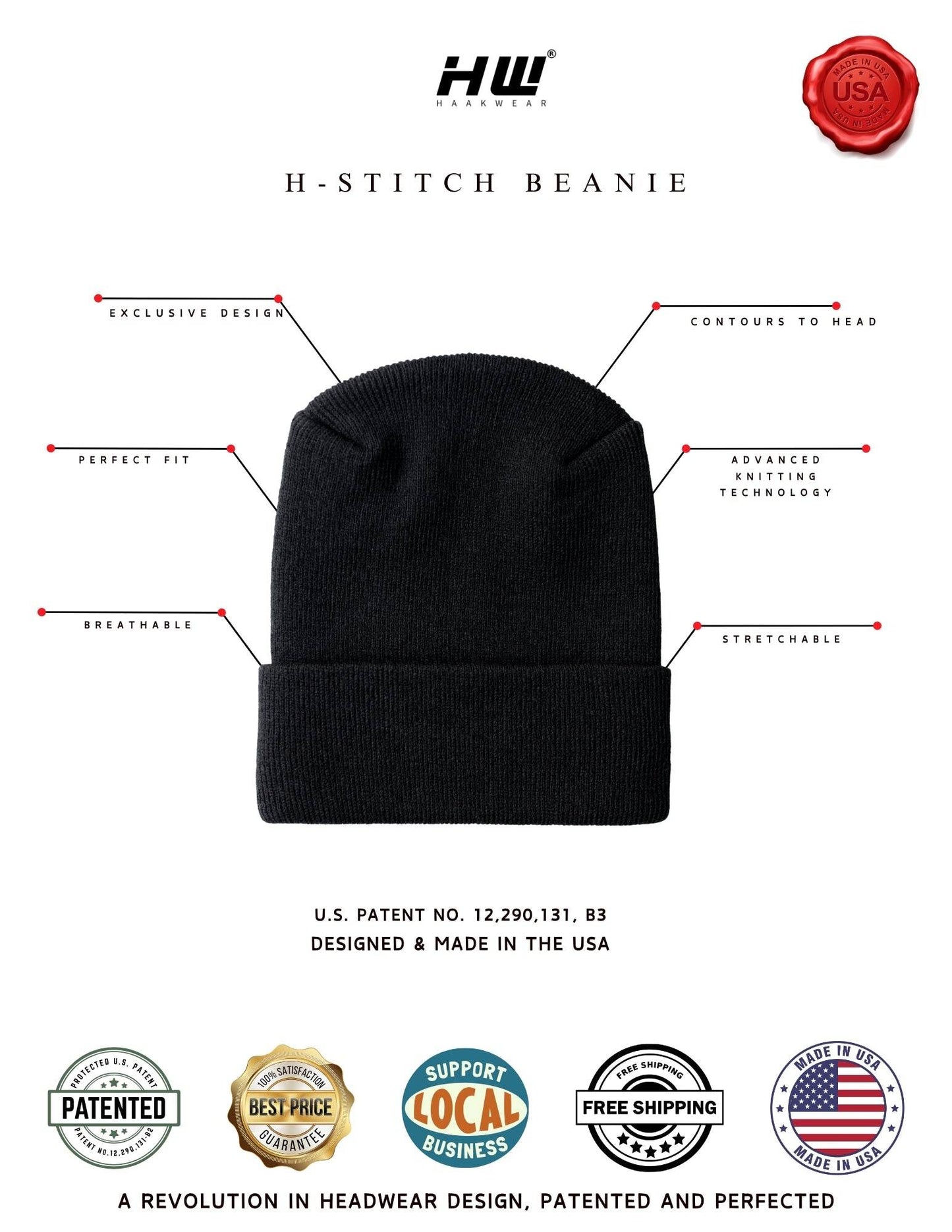 Haakwear American Flag Beanie – H Stitch Knit Cuffed USA Made
